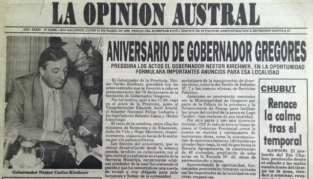 La tapa del diario La Opinión Austral del 24 de marzo de 1992 - Foto: 