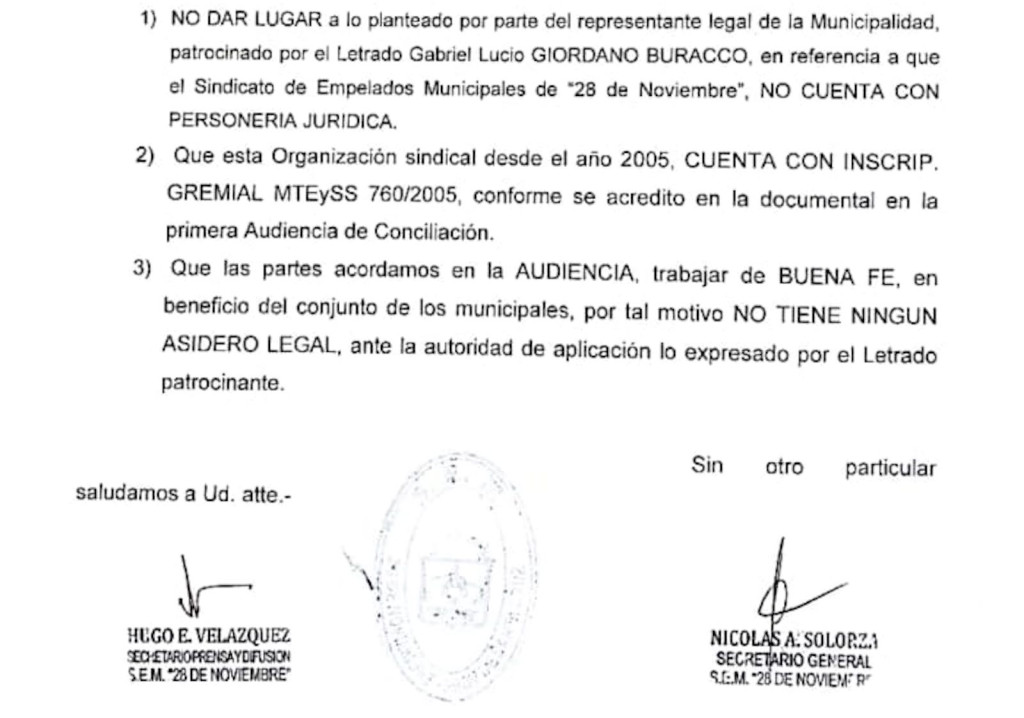 Conciliación Obligatoria para los municipales de 28 de Noviembre y acusaciones al intendente Españón por prácticas desleales