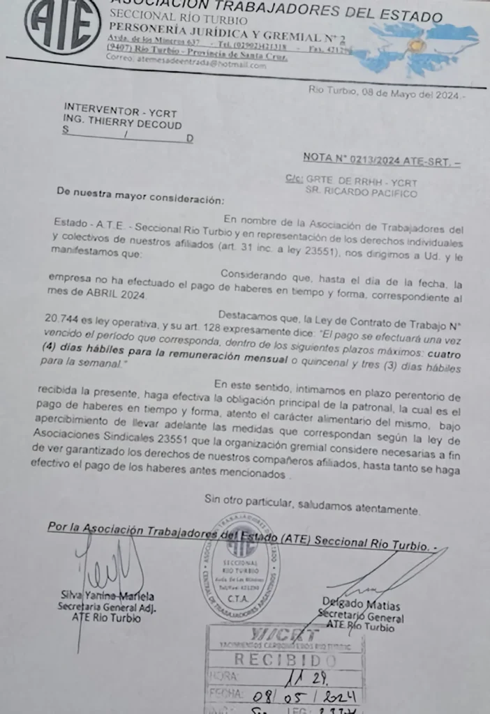 Mientras se discute la Ley Bases y el destino de la empresa, trabajadores de YCRT plantan un paro, por atraso en los salarios del mes