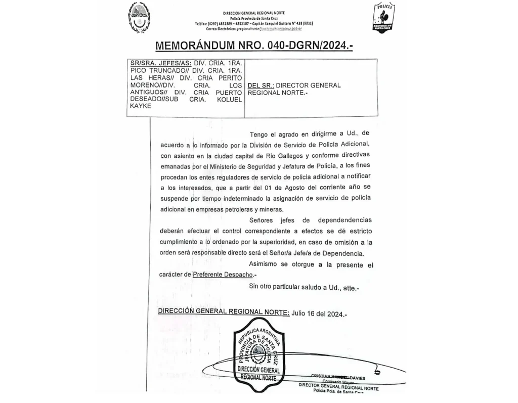 El gobierno levantó todos los servicios adicionales de la policía en yacimientos petroleros y mineros de  zona norte ¿Se prepara la privatización del servicio con empresas de los funcionarios?