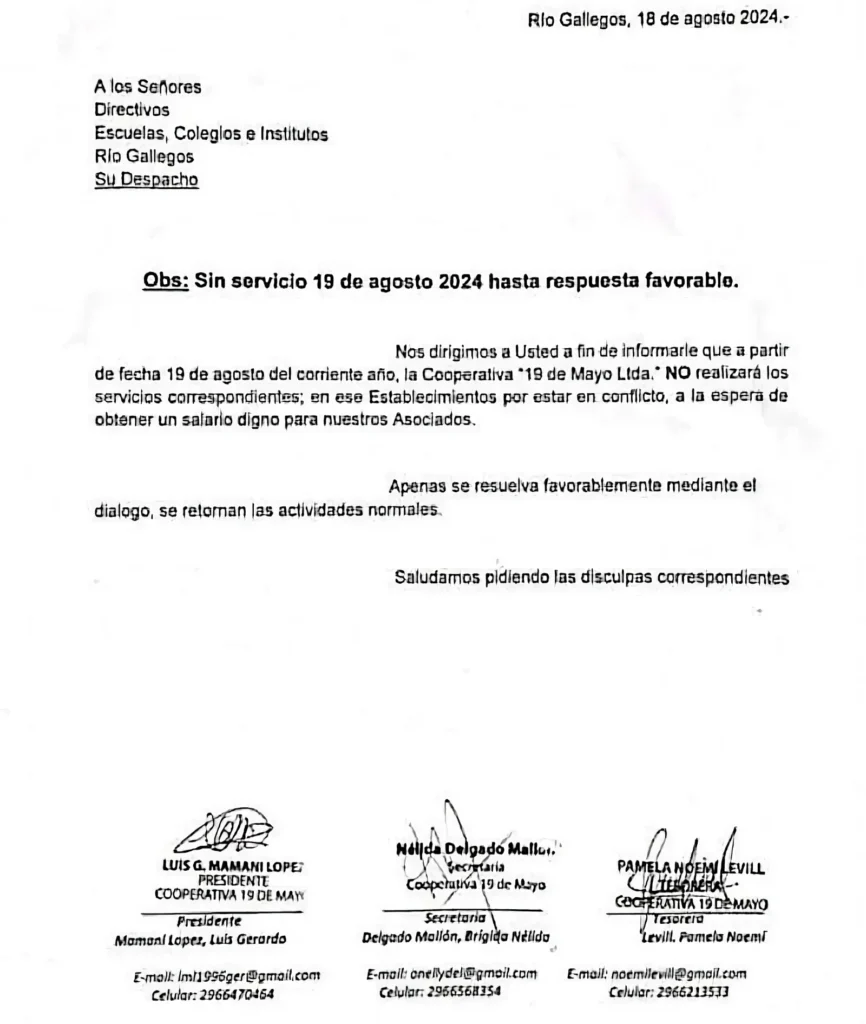 Cooperativa 19 de Mayo Ltda confirmó que 31 escuelas no tendrán hoy servicio de limpieza