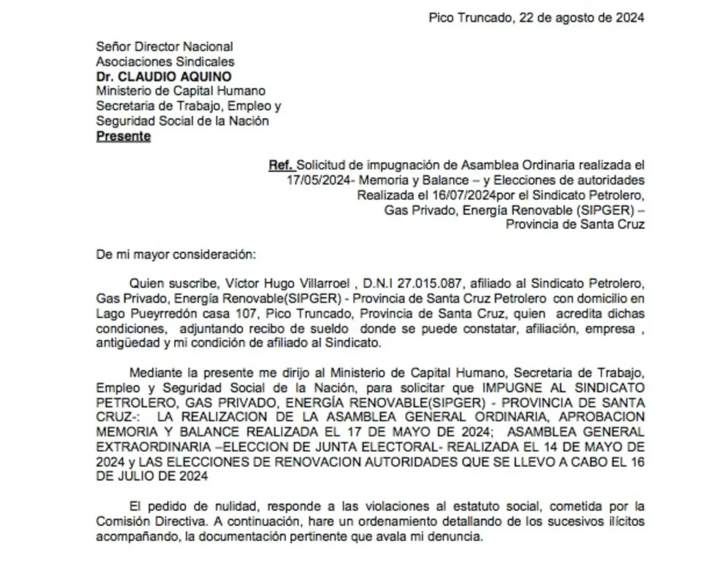 Pidieron formalmente la impugnación de las elecciones del Sindicato de Petroleros Privados de Santa Cruz, por varias irregularidades