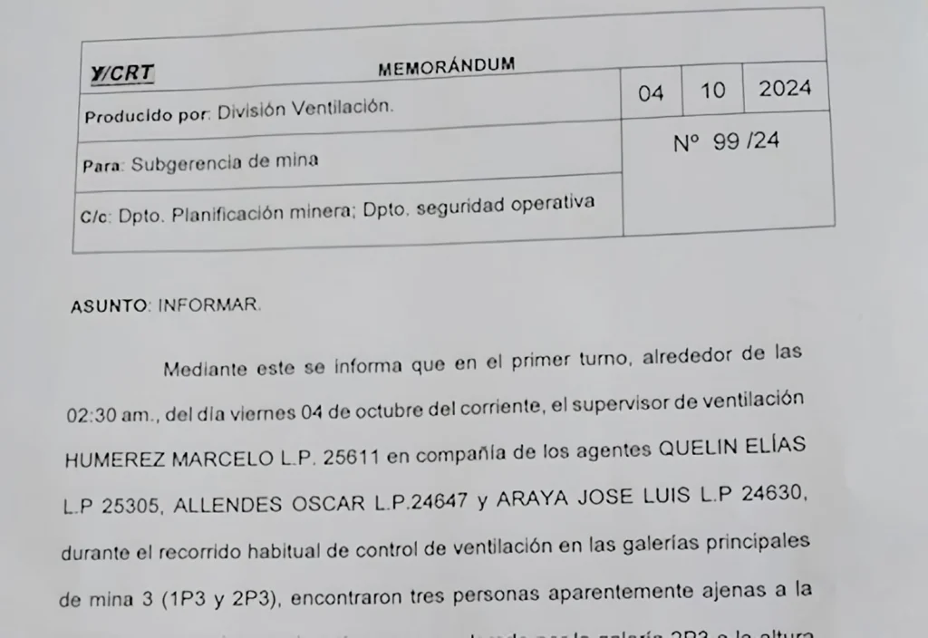 Gravísima falla de seguridad en YCRT. Tres personas ajenas al yacimiento aparecieron caminando a las 2 de la mañana en galería de Mina 3