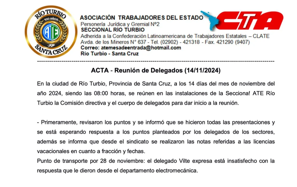 ATE Río Turbio trató en reunión de delegados, los puntos que exigirán (y no ha cumplido) al Interventor de YCRT