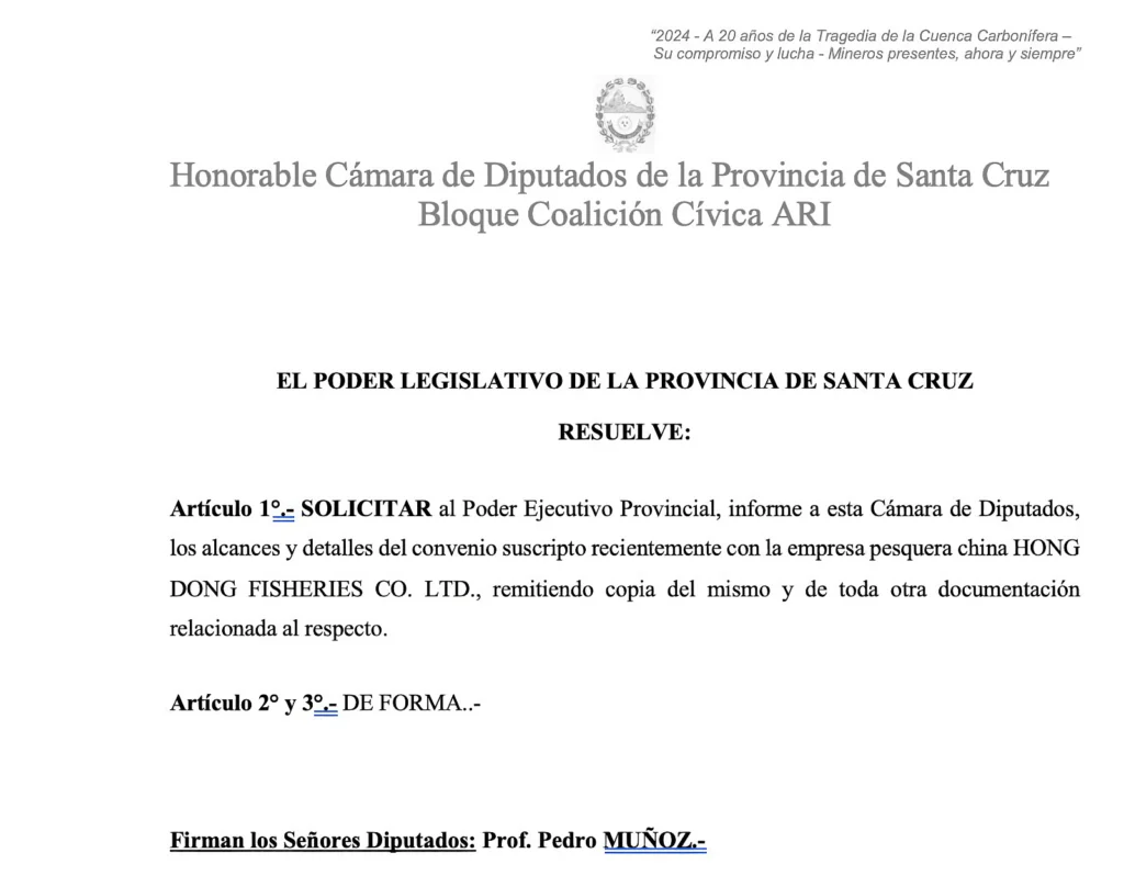 Le solicitan al gobierno detalles del convenio con la pesquera china Hong Dong Fisheries Co. Ltda y copia del convenio y/o carta de intención firmada