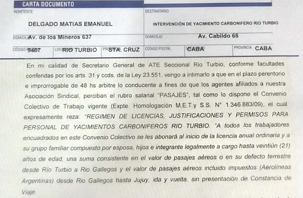 ATE Río Turbio reclama a YCRT el importe anual de los “pasajes” para todas las familias, ida y vuelta a su lugar de origen