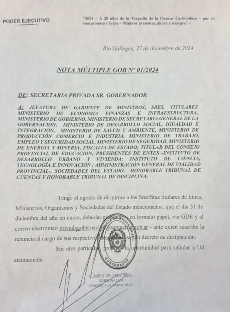 El Gobernador Vidal ordenó a Ministros y funcionarios de entes provinciales, dejar la renuncia firmada